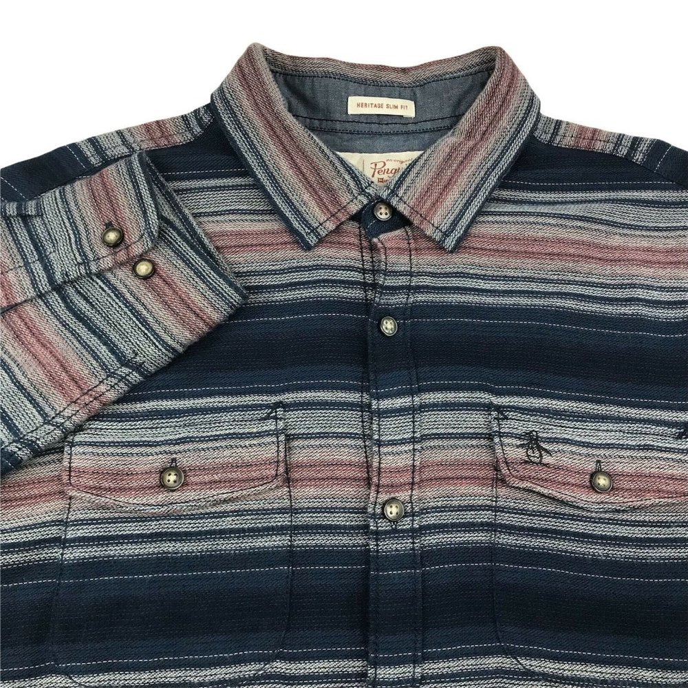Penguin Men's LARGE Blue Pink Striped Flannel Heritage Slim Fit Shirt